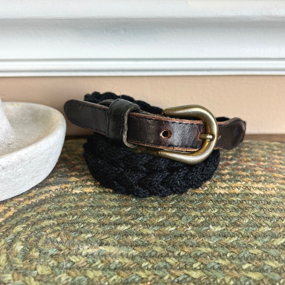 Vintage Black Braided Woven Belt Brown Leather Brass Buckle Made in DR Dainty